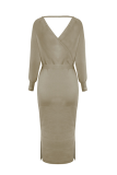 Casual Elegant Solid Backless Slit Strap Design V Neck Pencil Skirt Dresses