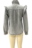 Casual Solid Buckle Flounce Mandarin Collar Tops