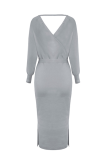 Casual Elegant Solid Backless Slit Strap Design V Neck Pencil Skirt Dresses