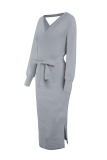 Casual Elegant Solid Backless Slit Strap Design V Neck Pencil Skirt Dresses