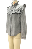 Casual Solid Buckle Flounce Mandarin Collar Tops