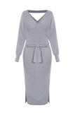 Casual Elegant Solid Backless Slit Strap Design V Neck Pencil Skirt Dresses