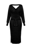 Casual Elegant Solid Backless Slit Strap Design V Neck Pencil Skirt Dresses