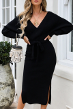 Casual Elegant Solid Backless Slit Strap Design V Neck Pencil Skirt Dresses