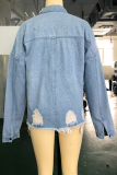 Casual Solid Ripped Make Old Turndown Collar Long Sleeve Denim Jacket