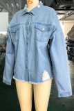 Casual Solid Ripped Make Old Turndown Collar Long Sleeve Denim Jacket