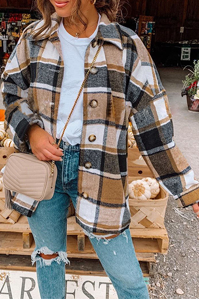 Casual Plaid Split Joint Buckle Turndown Collar Tops