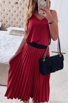 Elegant Solid Split Joint V Neck Pleated Dresses  (Without Belt)