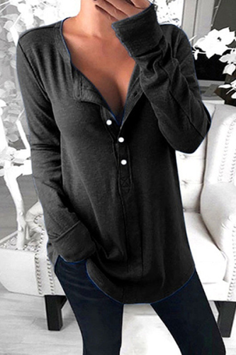 Casual Solid Buckle O Neck Tops