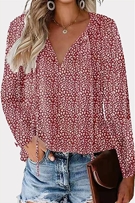 Elegant Print Split Joint Frenulum V Neck Tops