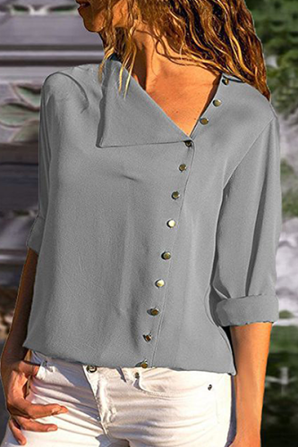 Elegant Solid Split Joint Buckle Oblique Collar Tops