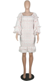 Elegant Floral Split Joint Flounce Square Collar Pencil Skirt Dresses
