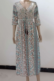 Bohemian Print Frenulum Buckle Slit V Neck Dresses