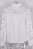 Elegant Solid Lace Hollowed Out Buckle Mandarin Collar Tops