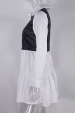 Elegant Patchwork Flounce  Contrast Turndown Collar A Line Dresses