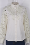 Elegant Solid Lace Hollowed Out Buckle Mandarin Collar Tops