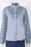 Elegant Solid Lace Hollowed Out Buckle Mandarin Collar Tops