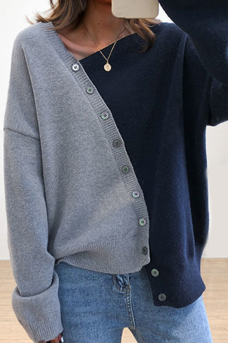 Casual Patchwork Buckle  Contrast Oblique Collar Tops Sweater
