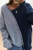 Casual Patchwork Buckle  Contrast Oblique Collar Tops Sweater