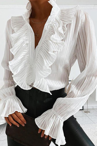 Elegant Solid Buckle Flounce Mandarin Collar Tops