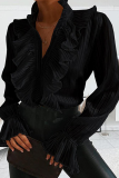 Elegant Solid Buckle Flounce Mandarin Collar Tops