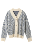 Casual Striped Split Joint Buckle V Neck Outerwear Sweater