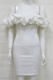 Elegant Solid Patchwork Flounce Off the Shoulder Wrapped Skirt Dresses