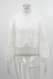 Elegant Solid Hollowed Out Zipper Mandarin Collar Tops