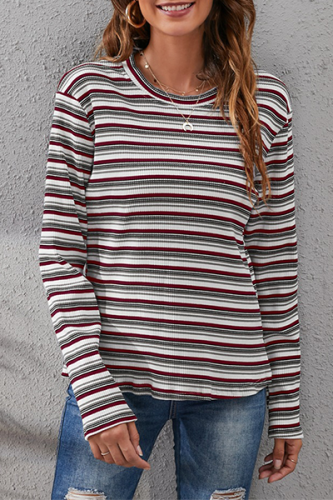 Casual Striped Patchwork Basic O Neck Tops