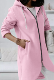 Casual Solid Draw String Zipper Hooded Collar Outerwear