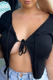 Street Solid Split Joint Frenulum Square Collar Tops