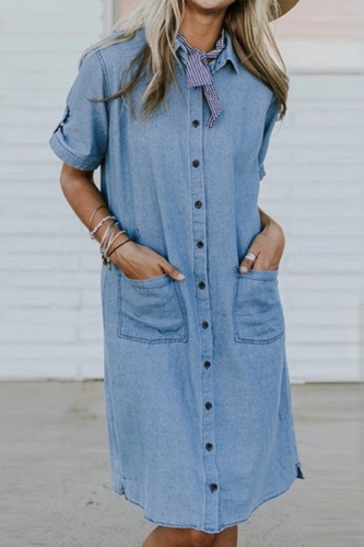 Casual Pocket Buckle Turndown Collar Dresses
