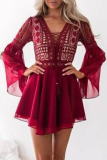 Elegant Solid Lace Hollowed Out Pocket V Neck Waist Skirt Dresses