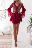 Elegant Solid Lace Hollowed Out Pocket V Neck Waist Skirt Dresses