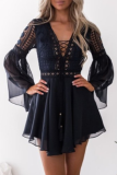Elegant Solid Lace Hollowed Out Pocket V Neck Waist Skirt Dresses