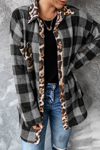 Casual Plaid Leopard Split Joint Buckle Turndown Collar Tops