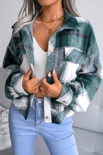Casual Plaid Split Joint Buckle Turndown Collar Outerwear