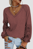 Casual Solid Lace Split Joint V Neck T-Shirts