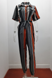 Casual Solid Buckle With Belt Turndown Collar Jumpsuits