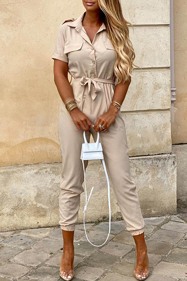 Casual Solid Buckle With Belt Turndown Collar Jumpsuits