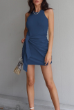 Street Solid Fold Strap Design O Neck Pencil Skirt Dresses