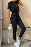 Casual Solid Buckle With Belt Turndown Collar Jumpsuits