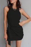 Street Solid Fold Strap Design O Neck Pencil Skirt Dresses