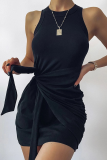 Street Solid Fold Strap Design O Neck Pencil Skirt Dresses