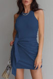 Street Solid Fold Strap Design O Neck Pencil Skirt Dresses