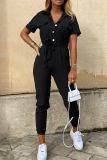 Casual Solid Buckle With Belt Turndown Collar Jumpsuits