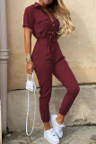 Casual Solid Buckle With Belt Turndown Collar Jumpsuits