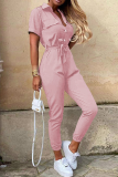 Casual Solid Buckle With Belt Turndown Collar Jumpsuits