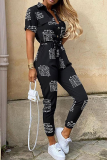 Casual Solid Buckle With Belt Turndown Collar Jumpsuits