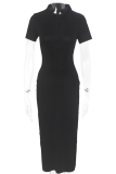 Fashion Street Solid Frenulum Backless Slit Turndown Collar Wrapped Skirt Dresses